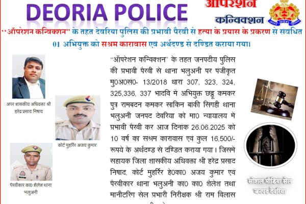 ‘‘ऑपरेशन कन्विक्शन” के तहत देवरिया पुलिस की प्रभावी पैरवी से हत्या के प्रयास के प्रकरण से संबंधित 01 अभियुक्त को सश्रम कारावास एवं अर्थदण्ड से दण्डित कराया गया।